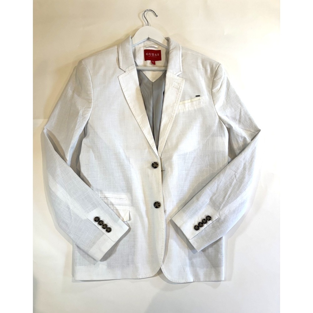 Guess Mens White Linen Blend Single Breasted Blazer Sport Coat Jacket Lined Sz L